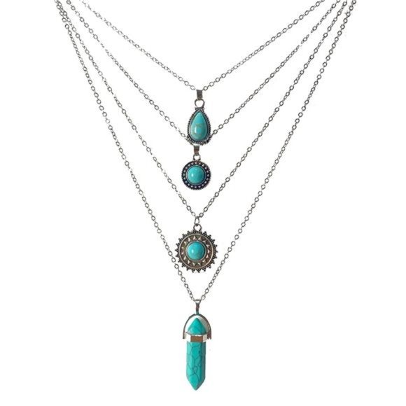 4 PCS Silver Turquoise Layered Necklaces for Women Girls - Picture 1 of 6